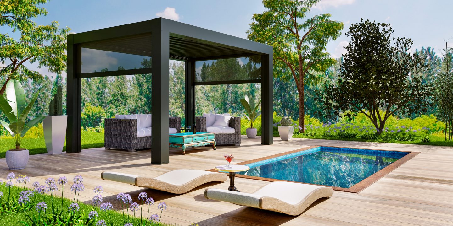 Piscine enterrée sur terrasse en bois avec patio aménagé