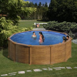 piscine hors sol en acier imitation bois avec baigneurs