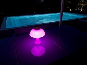 piscine enterrée de nuit avec lumiere led rose